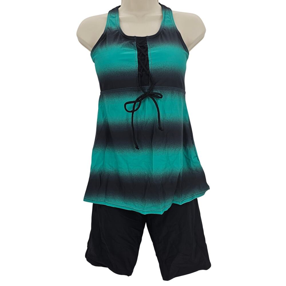 Lalagen Womans size M Two Piece Tankini Boyshorts Swimsuit Green Stripe NWOT
